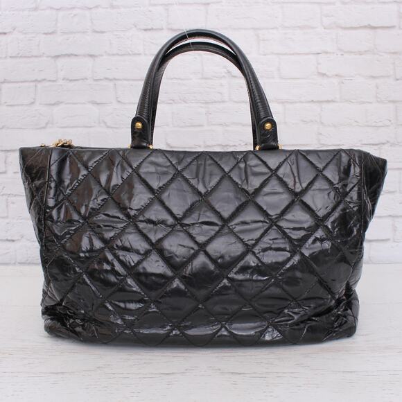 Chanel 2 Way Tote Black Glazed Calfskin Leather Shoulder Handbag Purse A4825 - Picture 5 of 11
